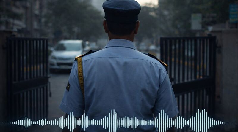 Audio waveform visual over an early-morning urban gate, representing the unheard voice of a private security guard.