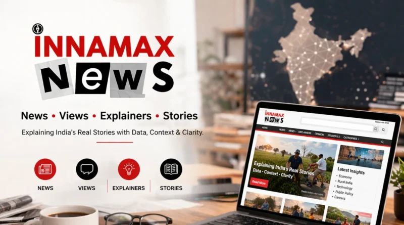 InnaMax News digital media platform with Indian flag and studio setup representing news, views and explainers