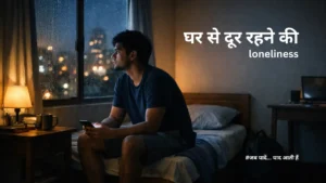 Hostel या PG room में रात के समय खिड़की के पास बैठे एक युवक की loneliness