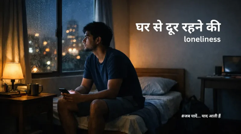Hostel या PG room में रात के समय खिड़की के पास बैठे एक युवक की loneliness