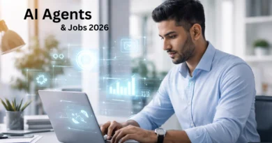 Laptop पर काम करते हुए एक professional व्यक्ति, जिसके सामने subtle futuristic AI interface hologram दिखाई दे रहा है, modern office environment में collaborative AI workspace का दृश्य।