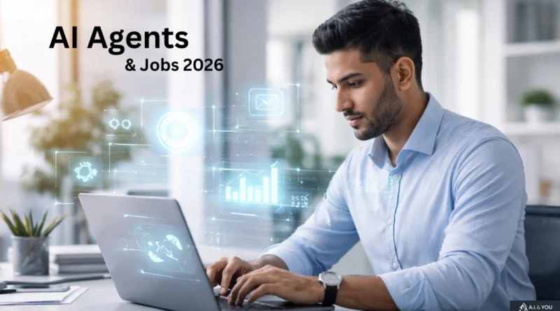 Laptop पर काम करते हुए एक professional व्यक्ति, जिसके सामने subtle futuristic AI interface hologram दिखाई दे रहा है, modern office environment में collaborative AI workspace का दृश्य।