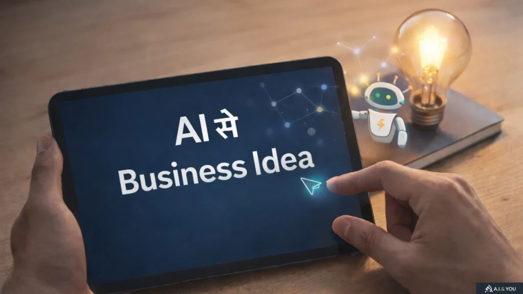 AI की मदद से business idea खोजने का concept — tablet screen पर AI prompt और idea symbol