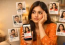 Indian woman using matrimonial app surrounded by multiple match profiles showing decision overload