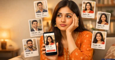 Indian woman using matrimonial app surrounded by multiple match profiles showing decision overload
