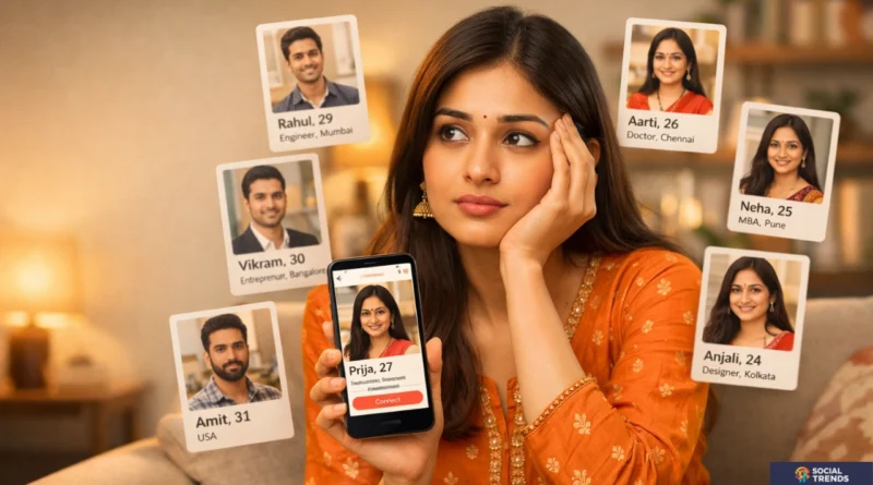 Indian woman using matrimonial app surrounded by multiple match profiles showing decision overload