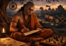 Chanakya writing strategy on scroll representing Arthashastra and strategic thinking
