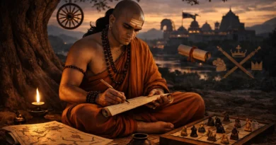 Chanakya writing strategy on scroll representing Arthashastra and strategic thinking