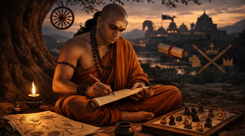 Chanakya writing strategy on scroll representing Arthashastra and strategic thinking