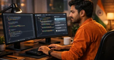 Cursor AI use karta hua Indian developer dual screen coding setup ke saath