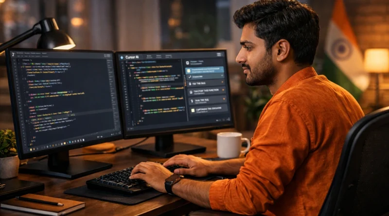 Cursor AI use karta hua Indian developer dual screen coding setup ke saath