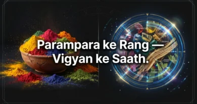 Geometric golden structure with vibrant pink and yellow color burst symbolizing Holi as a blend of science and dharma on dark background.
