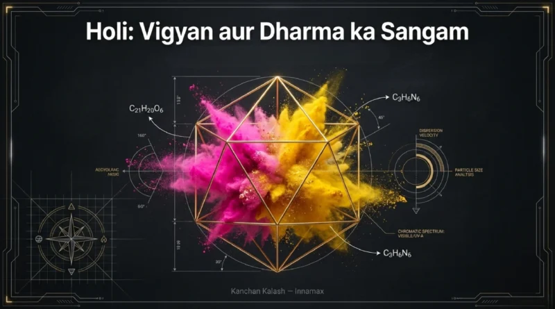 Geometric golden structure with vibrant pink and yellow color burst symbolizing Holi as a blend of science and dharma on dark background.