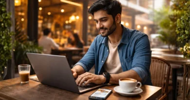 India में cafe में laptop पर काम करता freelancer — gig economy lifestyle