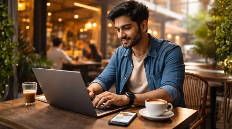 India में cafe में laptop पर काम करता freelancer — gig economy lifestyle