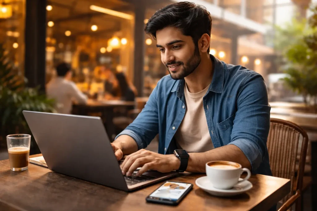 India में cafe में laptop पर काम करता freelancer — gig economy lifestyle