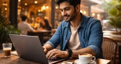 Gig Economy India 2026 — Freelancer की ज़िंदगी, फ़ायदे और दर्द India में cafe में laptop पर काम करता freelancer — gig economy lifestyle