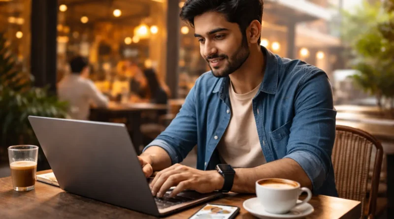 India में cafe में laptop पर काम करता freelancer — gig economy lifestyle