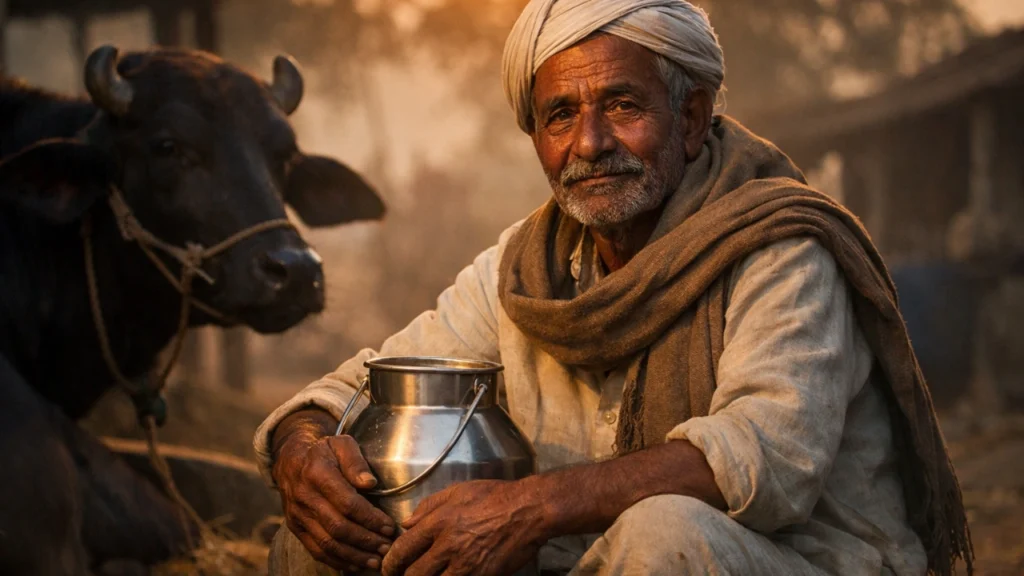 India dairy farmer early morning sitting with cow holding milk vessel rural life