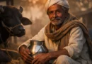 India dairy farmer early morning sitting with cow holding milk vessel rural life