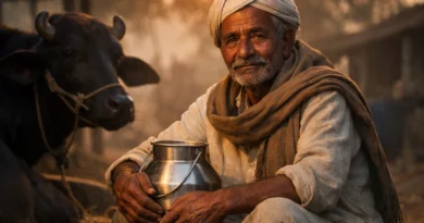 India dairy farmer early morning sitting with cow holding milk vessel rural life