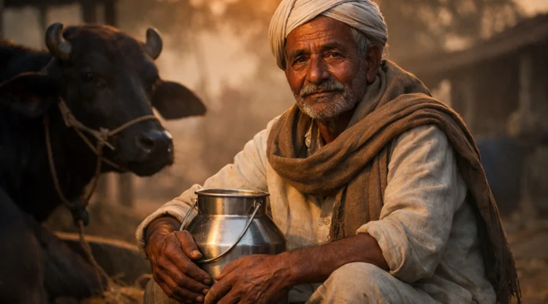 India dairy farmer early morning sitting with cow holding milk vessel rural life