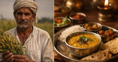 भारतीय किसान दाल की फसल पकड़े हुए और दूसरी तरफ भारतीय थाली में दाल का खाना — food economy का contrast