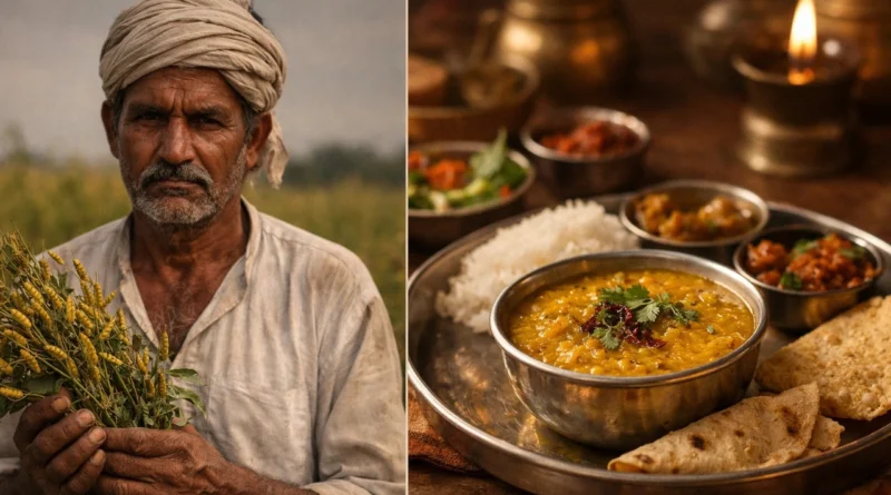 भारतीय किसान दाल की फसल पकड़े हुए और दूसरी तरफ भारतीय थाली में दाल का खाना — food economy का contrast