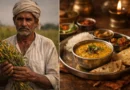 भारतीय किसान दाल की फसल पकड़े हुए और दूसरी तरफ भारतीय थाली में दाल का खाना — food economy का contrast