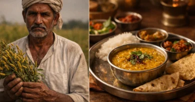 भारतीय किसान दाल की फसल पकड़े हुए और दूसरी तरफ भारतीय थाली में दाल का खाना — food economy का contrast