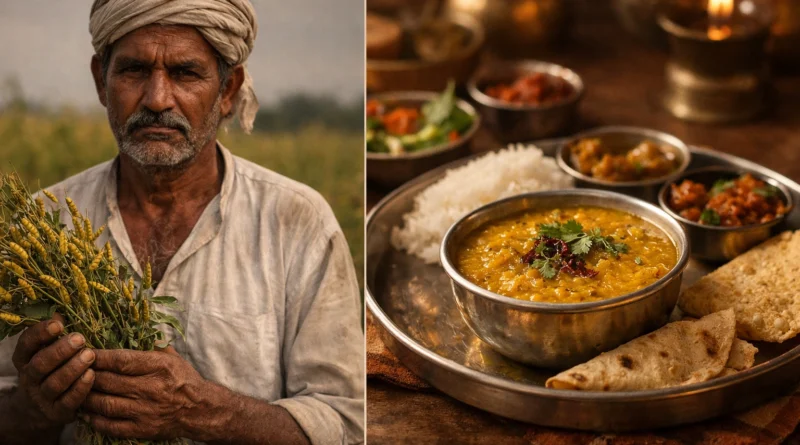 भारतीय किसान दाल की फसल पकड़े हुए और दूसरी तरफ भारतीय थाली में दाल का खाना — food economy का contrast