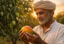indian mango farmer holding alphonso emotional orchard sunset