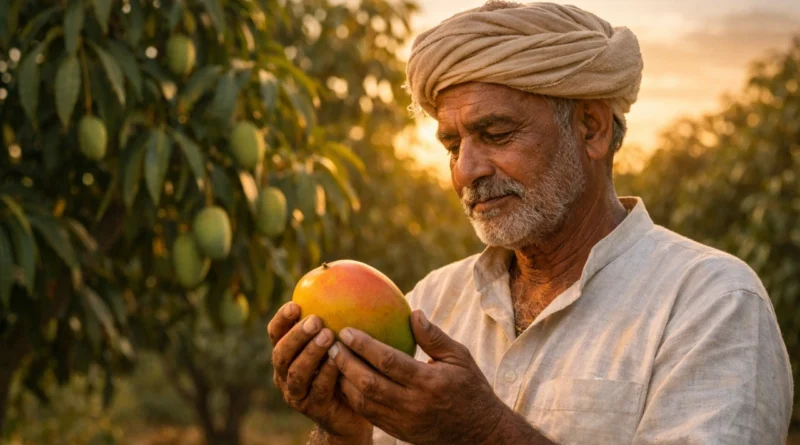 indian mango farmer holding alphonso emotional orchard sunset