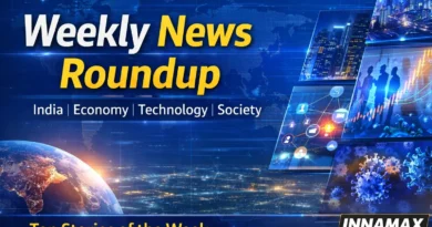 Weekly News Roundup graphic showing top stories of the week covering India, economy, technology and society.