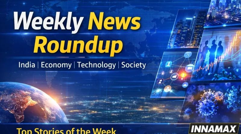 Weekly News Roundup graphic showing top stories of the week covering India, economy, technology and society.