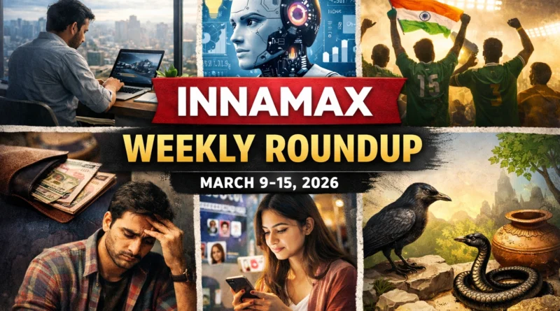Innamax weekly roundup March 9–15 2026 featuring remote work India, AI business ideas, FOMO culture, Indian football crisis and Panchatantra story