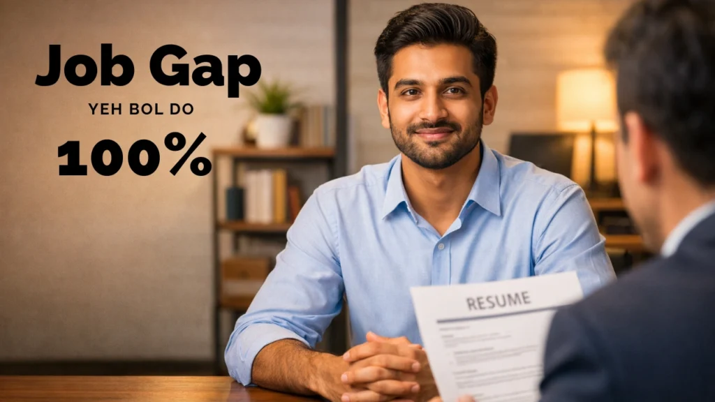 Job gap interview में confident Indian candidate calmly interviewer से बात करते हुए