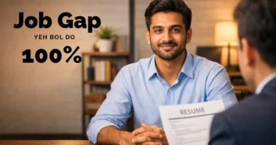 How to Explain Job Gap in Interview (India 2026 Guide + Best Answers) Job gap interview में confident Indian candidate calmly interviewer से बात करते हुए