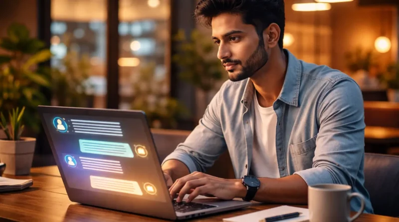 Young professional using AI chat interface on laptop representing prompt engineering and AI productivity