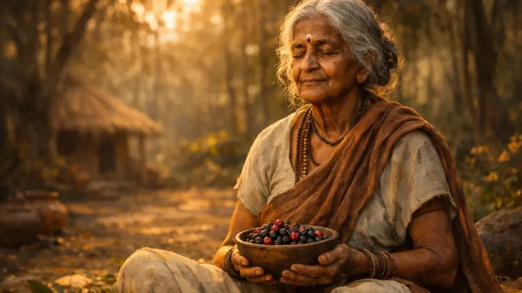 Shabari meditating in forest holding berries Ramayan story purposeful waiting