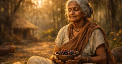 Shabari meditating in forest holding berries Ramayan story purposeful waiting