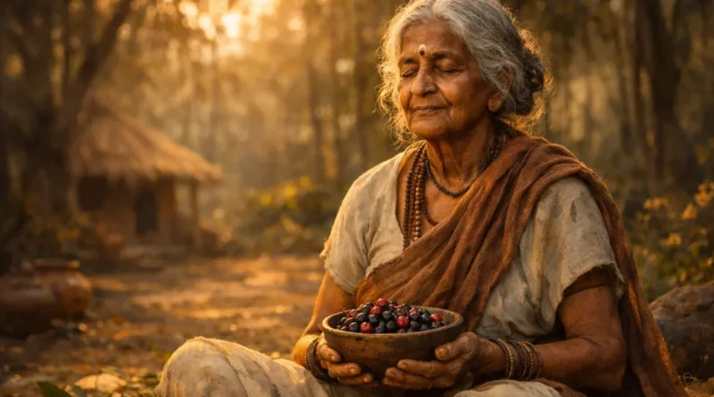 Shabari meditating in forest holding berries Ramayan story purposeful waiting