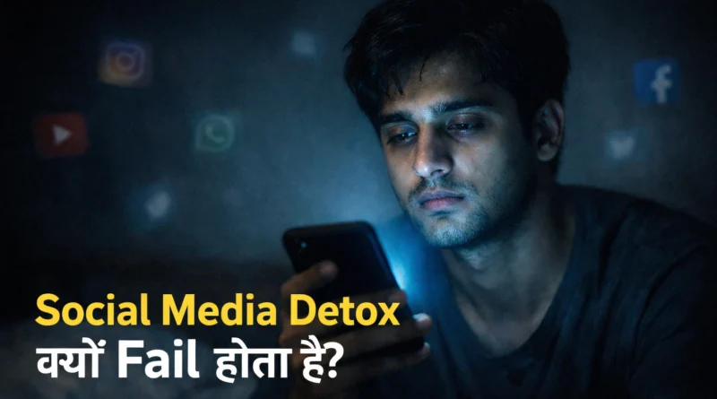 Young Indian man scrolling social media on phone in dark room representing social media addiction and digital detox struggle