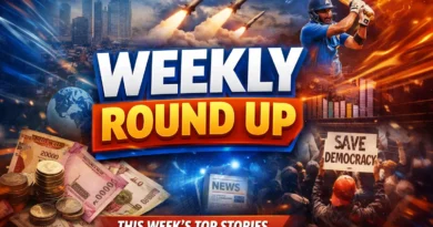 Innamax This Week — इस हफ्ते क्या पढ़ा आपने? | Weekly Roundup Weekly Round Up news graphic featuring bold headline text with visuals of city skyline, missiles, cricket player, currency notes, protest scene, and globe representing top stories of the week.