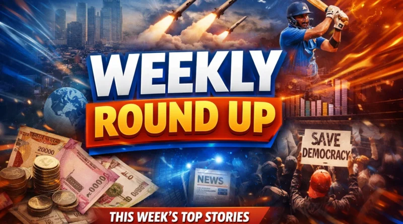 Weekly Round Up news graphic featuring bold headline text with visuals of city skyline, missiles, cricket player, currency notes, protest scene, and globe representing top stories of the week.