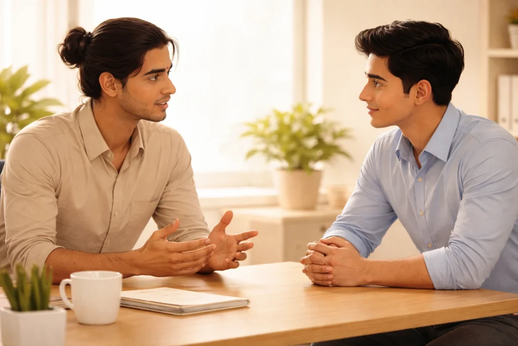 Two professionals having a conversation where one listens attentively with focus and respect