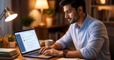 Indian professional using AI on laptop for interview preparation at home