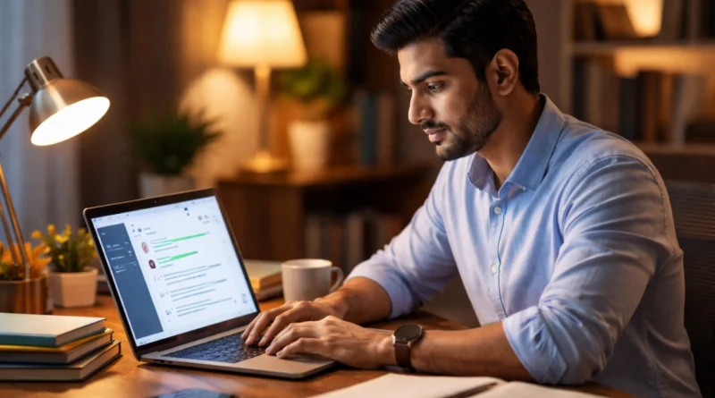 Indian professional using AI on laptop for interview preparation at home