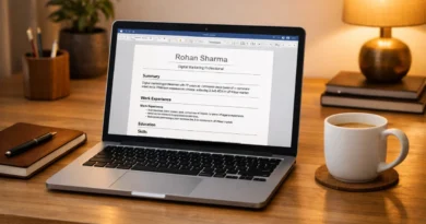 Clean desk setup with laptop showing resume document and coffee cup, professional Indian home office workspace