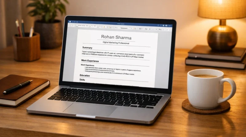 Clean desk setup with laptop showing resume document and coffee cup, professional Indian home office workspace